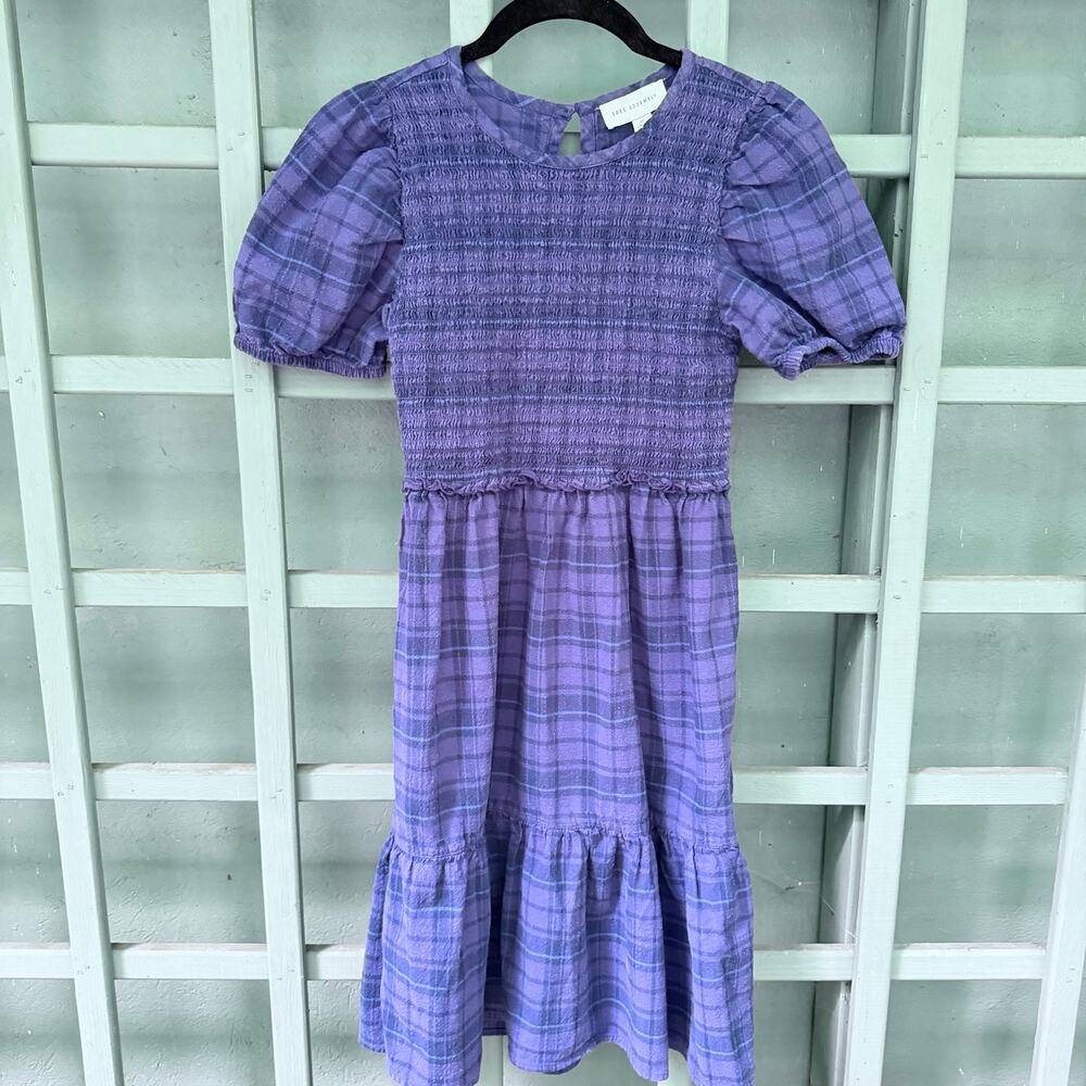 Free Assembly Girls Blue Plaid Smocked Puff Sleeve Tiered Midi Dress XL 14/16